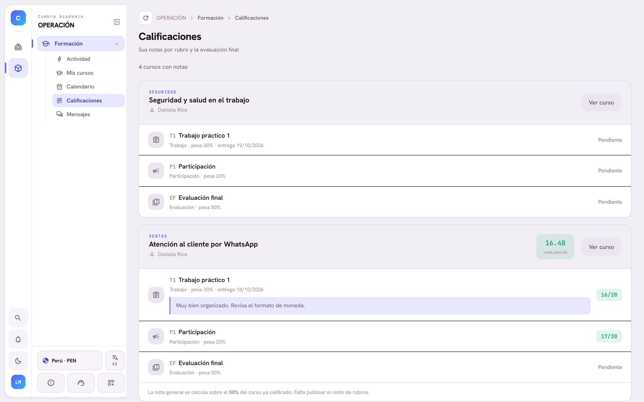 Notas con comentarios del docente
